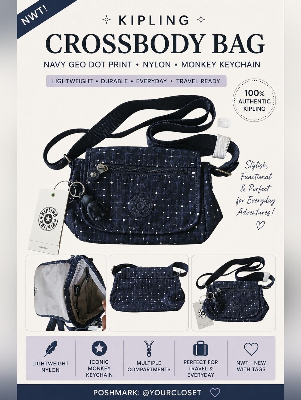 Kipling Crossbody Bag Navy Polka Dot Print NWT Monkey Charm